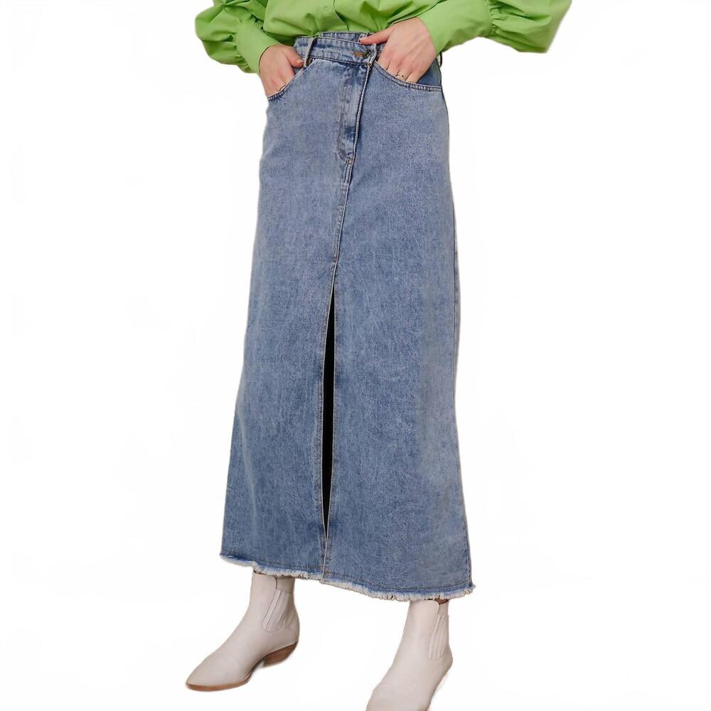 NEW AVENUE ZOE assymetrical denim maxi skirt in blue